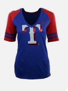 Nike Blue V‑Neck Texas Rangers Tee with Raglan Sleeves, size medium